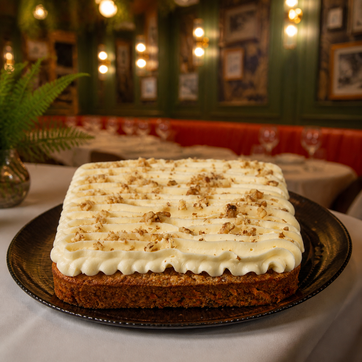 Pecks Carrot Cake presented in the Pecks restaurant