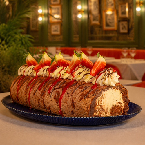 Chocolate and Strawberry Roulade presented in the Pecks restaurant