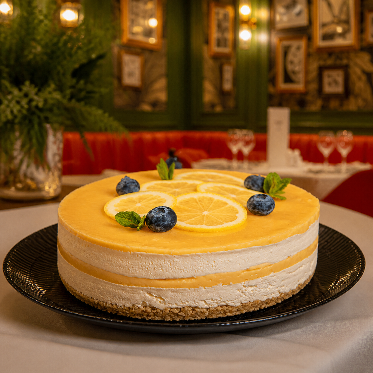 Lemon Curd Cheesecake presented in the Pecks restaurant