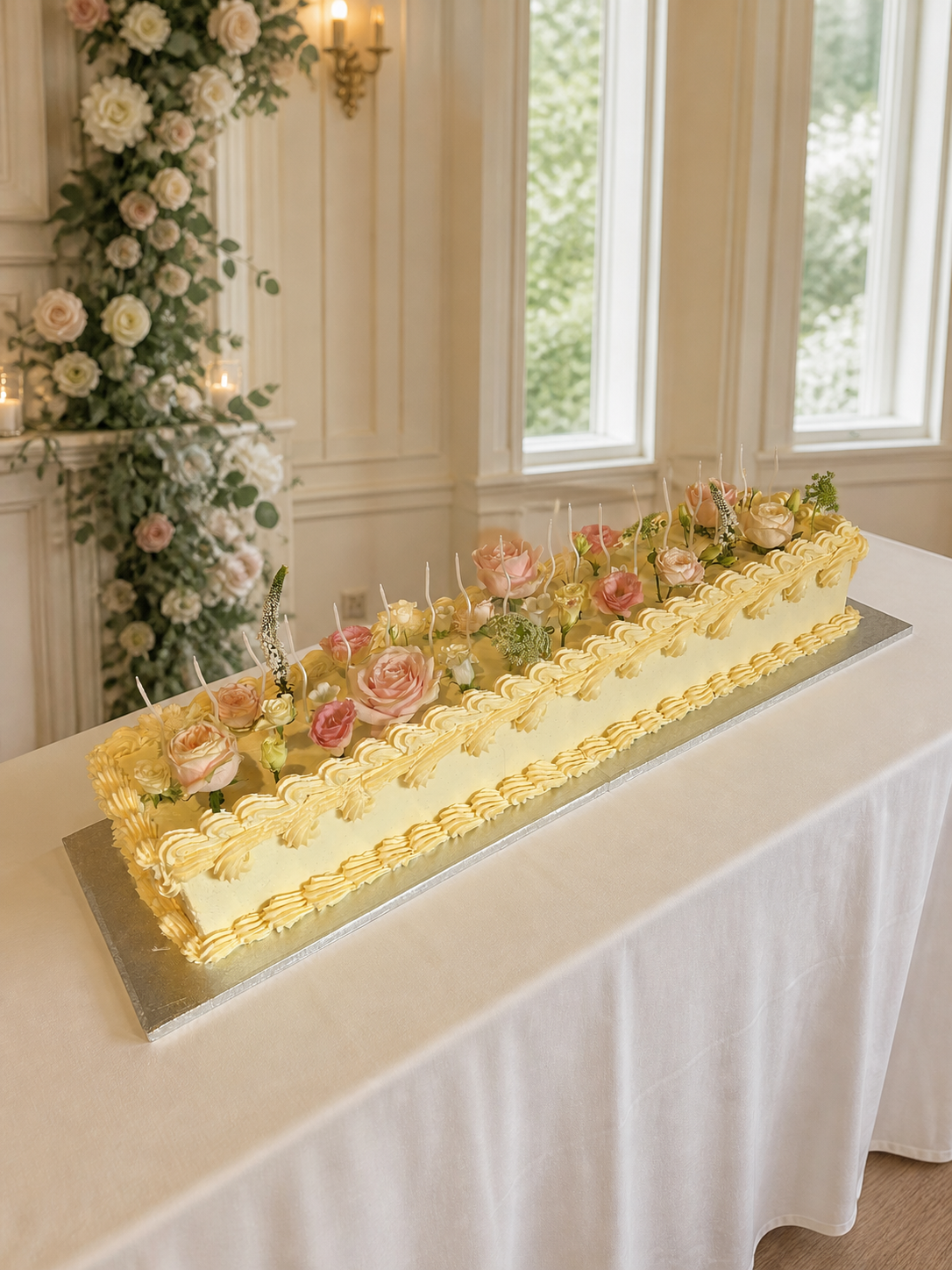 Long rectangular Pecks wedding cake displayed in an elegant wedding venue