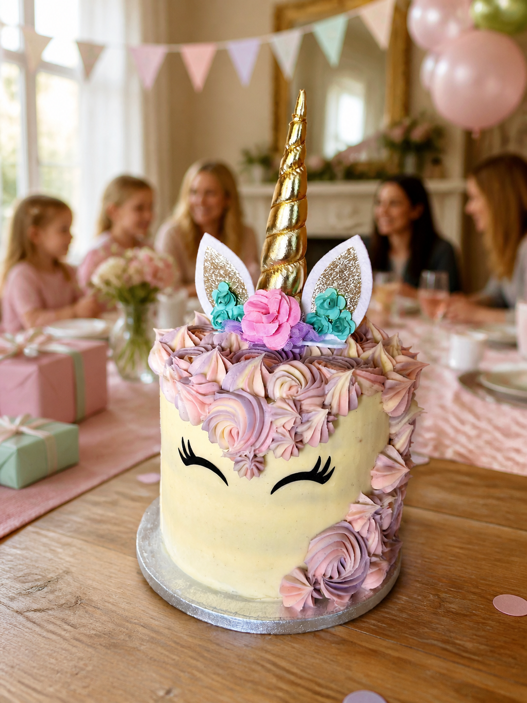 Pecks unicorn tall celebration cake at an elegant home birthday party